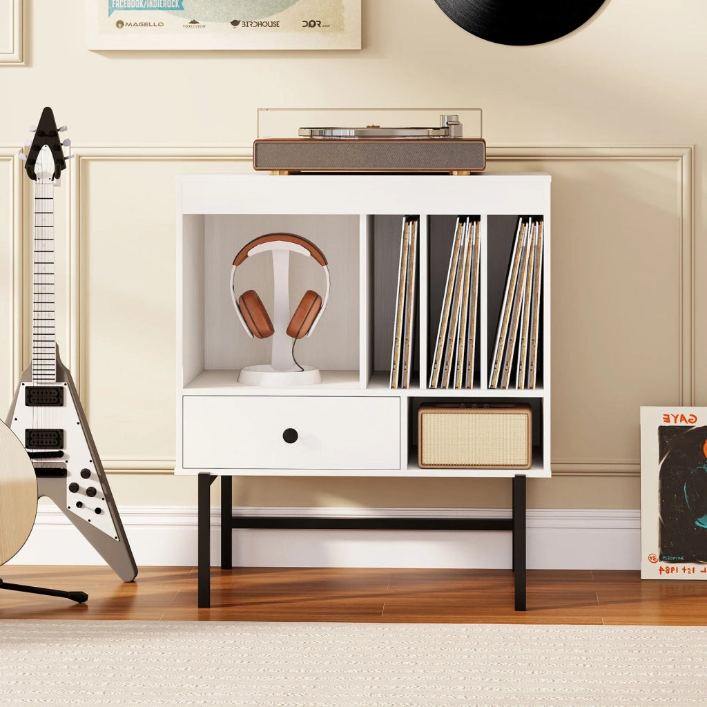 Large Record Player Stand with Open Compartments and Album Holders-White