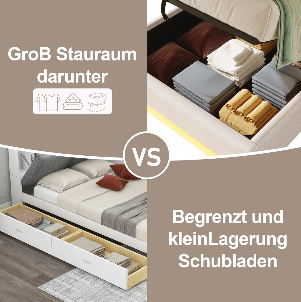 Letto imbottito 90x200 cm in lino con LED, porte USB e Type-C, contenitore idraulico, beige
