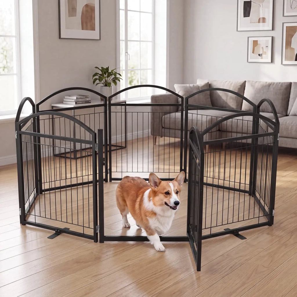 Cancello di Sicurezza per Cani 8 Pannelli in Metallo 480x81cm con Porta Barriera Pieghevole per Casa Nero