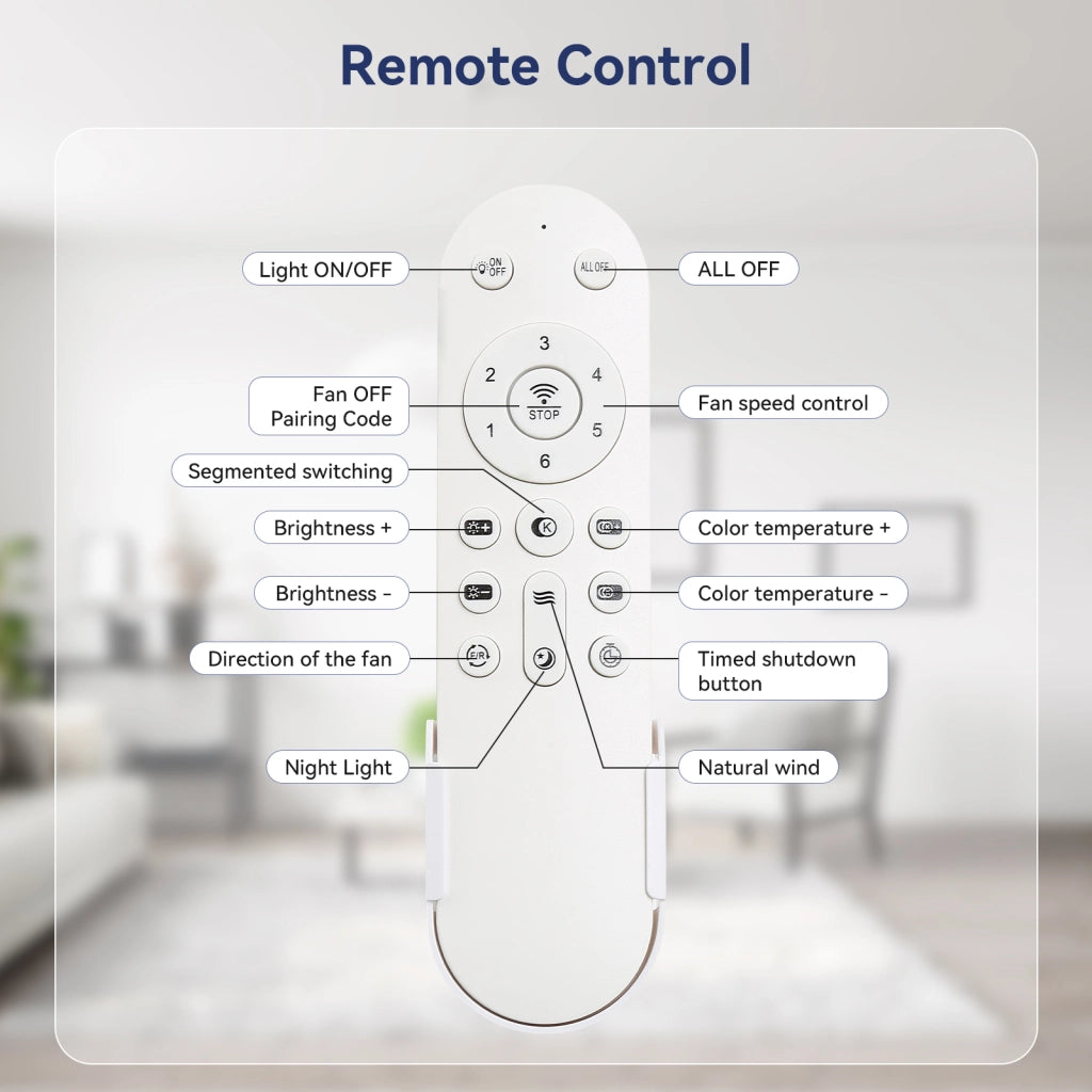 Ventilatore da soffitto con luce LED dimmerabile; motore DC reversibile; 6 velocità; telecomando e timer
