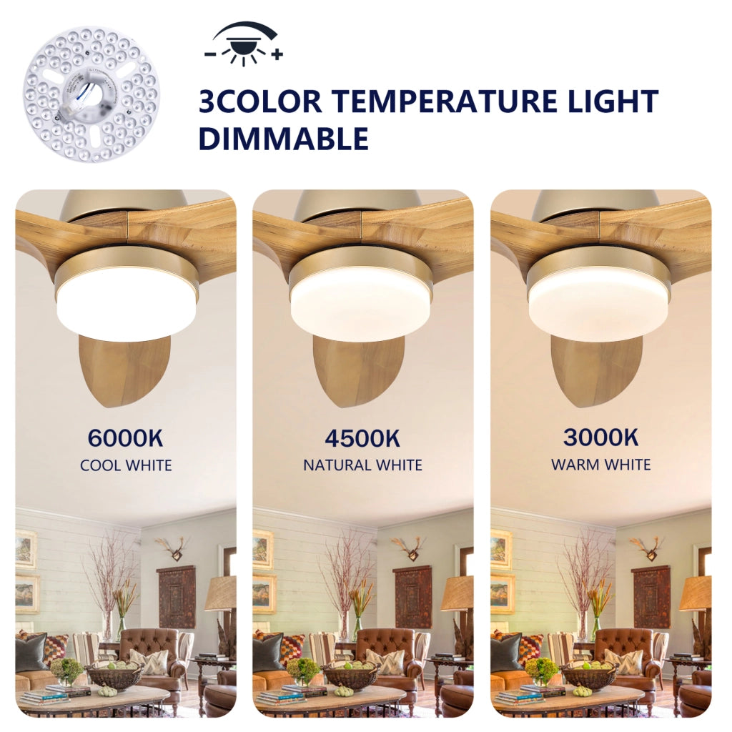 Ventilatore da soffitto 36 pollici con LED dimmerabile; 3 pale in legno massello d'acero; rovere dorato