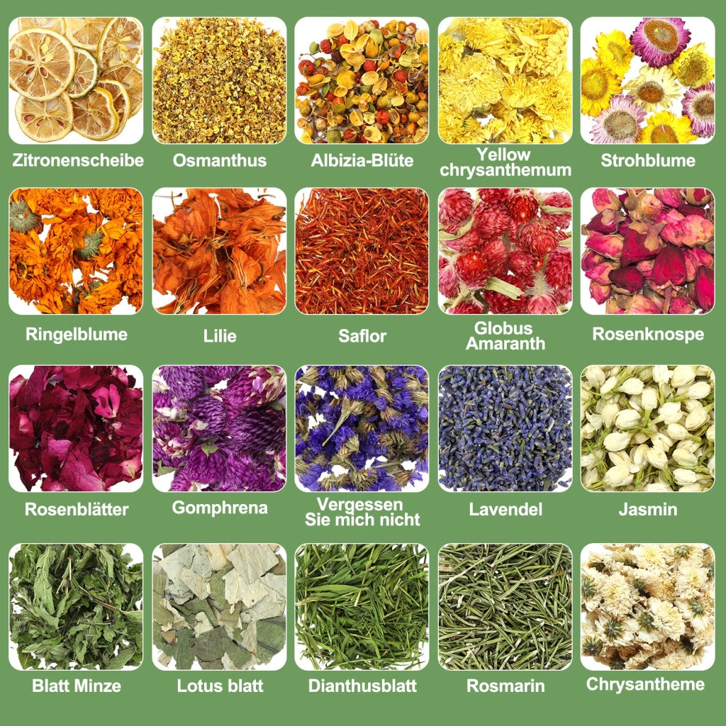 20 fiori e erbe essiccate per saponi, candele, progetti fai-da-te