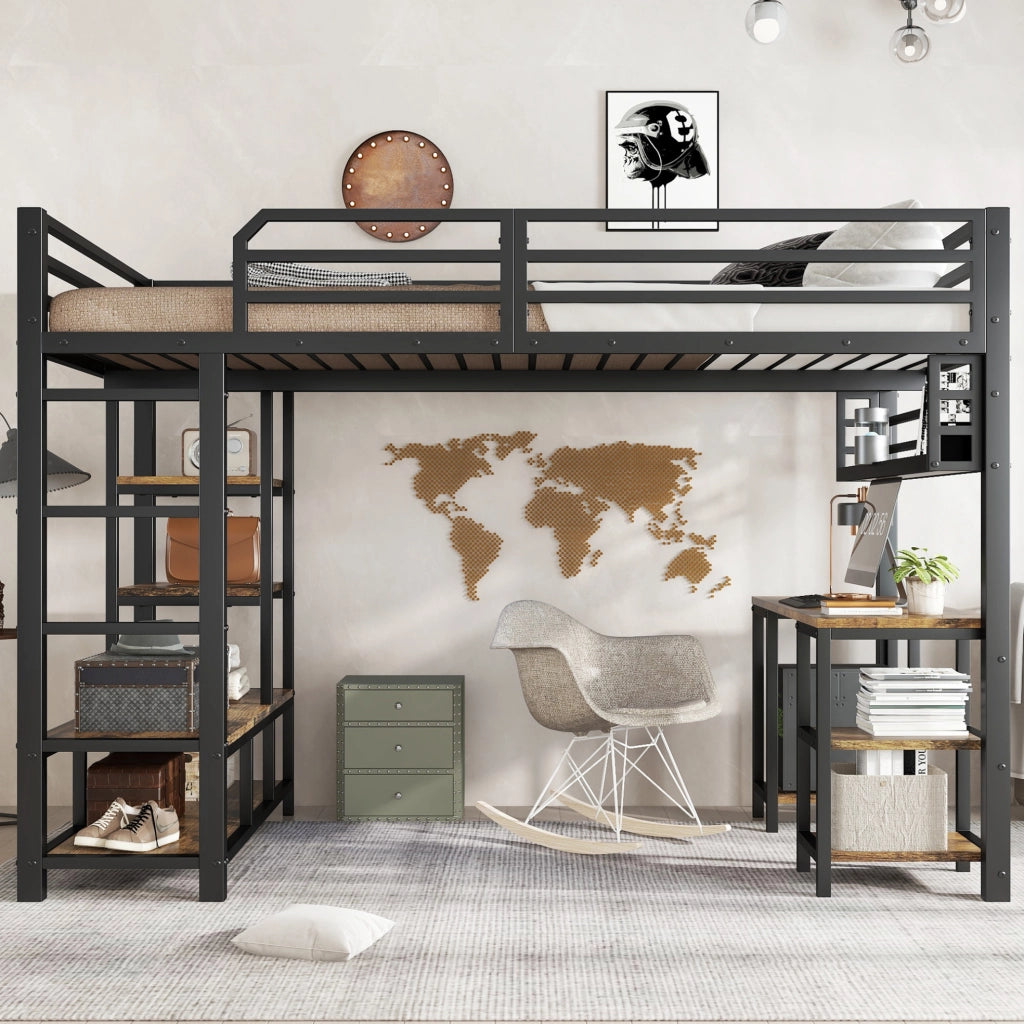 Letto a soppalco 120x200 cm con scrivania e ripiano in metallo e truciolare; nero noce scuro