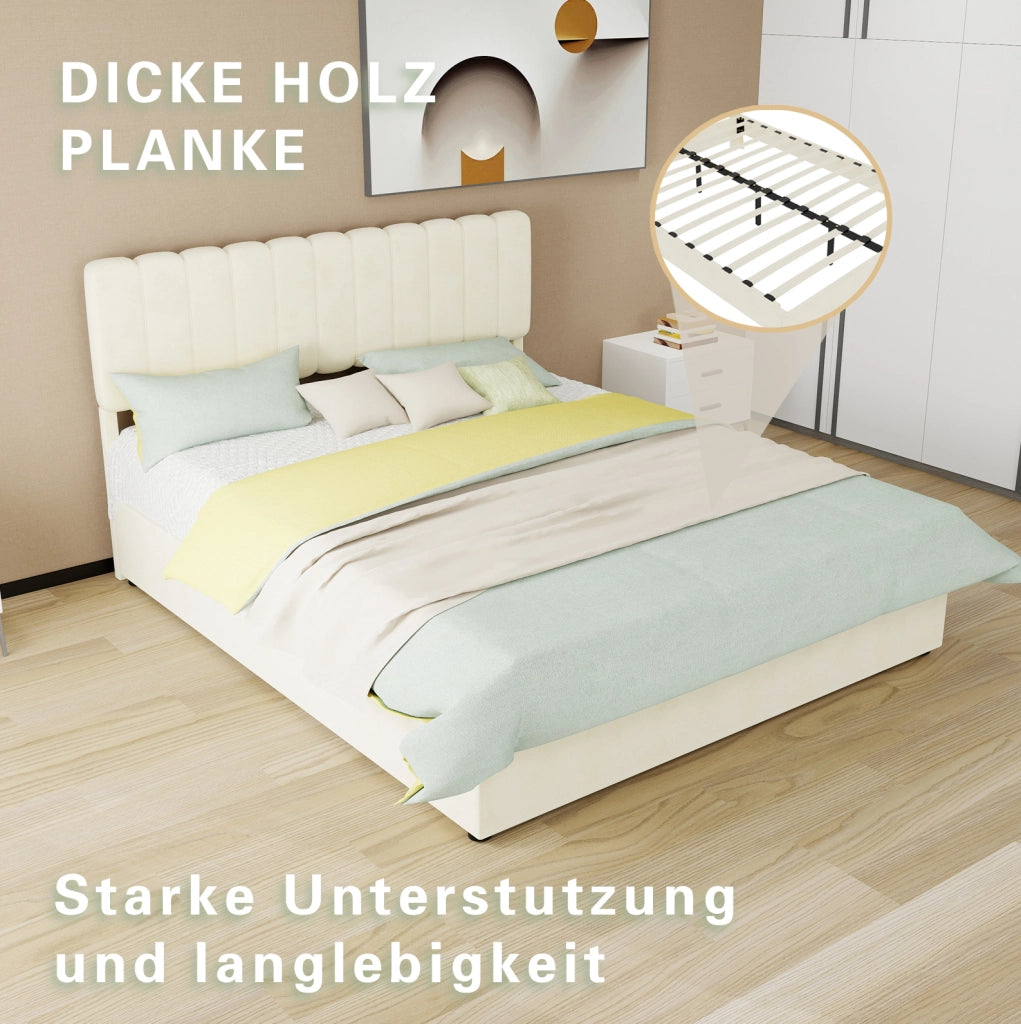 Letto imbottito moderno beige 160x200 cm con contenitore e testiera imbottita