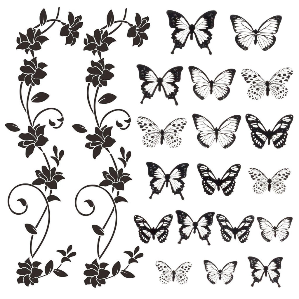 Set di adesivi per pareti: 2 rami di fiori + 18 farfalle, in PVC, colore nero