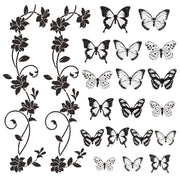 Set di adesivi per pareti: 2 rami di fiori + 18 farfalle, in PVC, colore nero