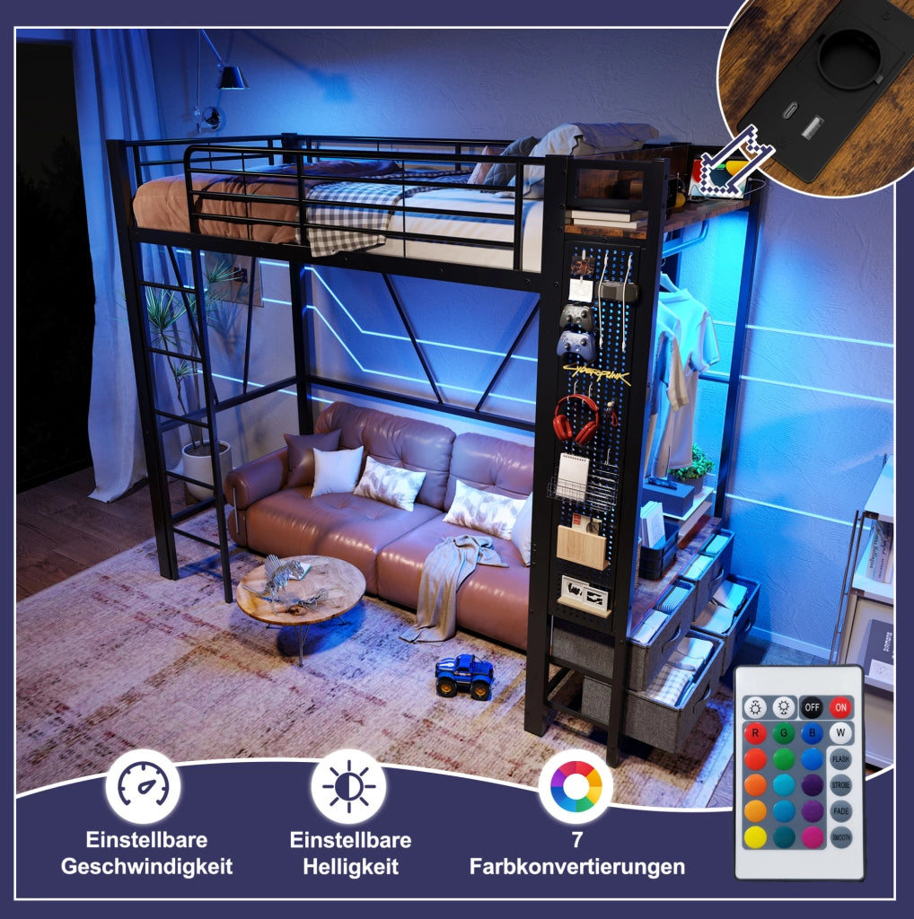 Letto a soppalco 90x200 nero con LED, USB, Type-C e materasso
