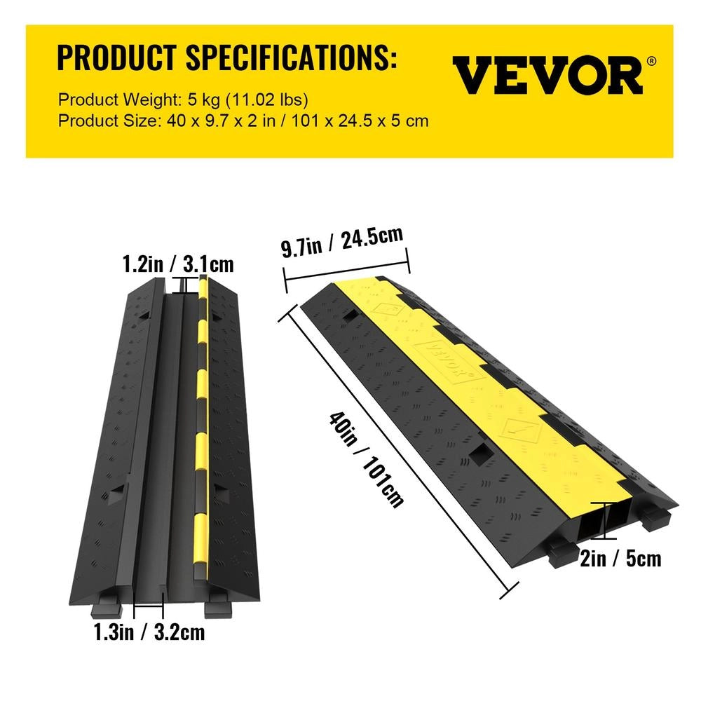 Canalina Passacavi Modulare 2 Canali 4 Pezzi VV-2CGXB-4PCS Rampa Protezione Cavi in Gomma e PVC Portata 4.989 kg 101x24,5x5 cm