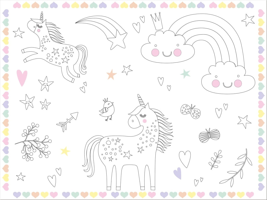 Sottopiatti da colorare a tema unicorni e arcobaleni, confezione da 6 pezzi, dimensioni 40x30 cm