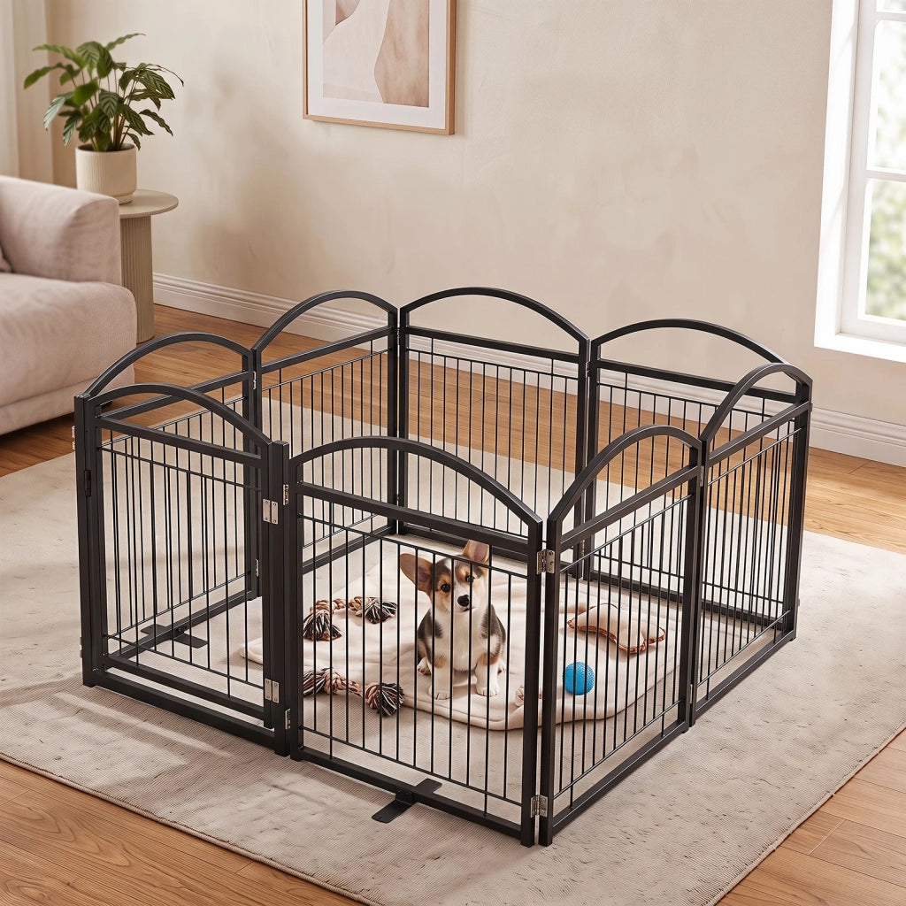 Cancello di Sicurezza per Cani 8 Pannelli in Metallo 480x81cm con Porta Barriera Pieghevole per Casa Nero