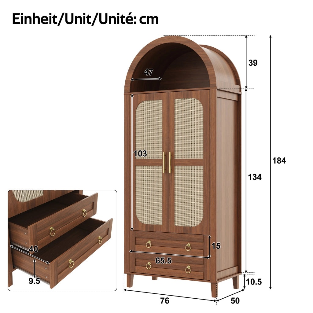 Armadio con nicchia ad arco LED controllata da app ante con decoro rattan e 2 cassetti noce 76 × 50 × 184 cm
