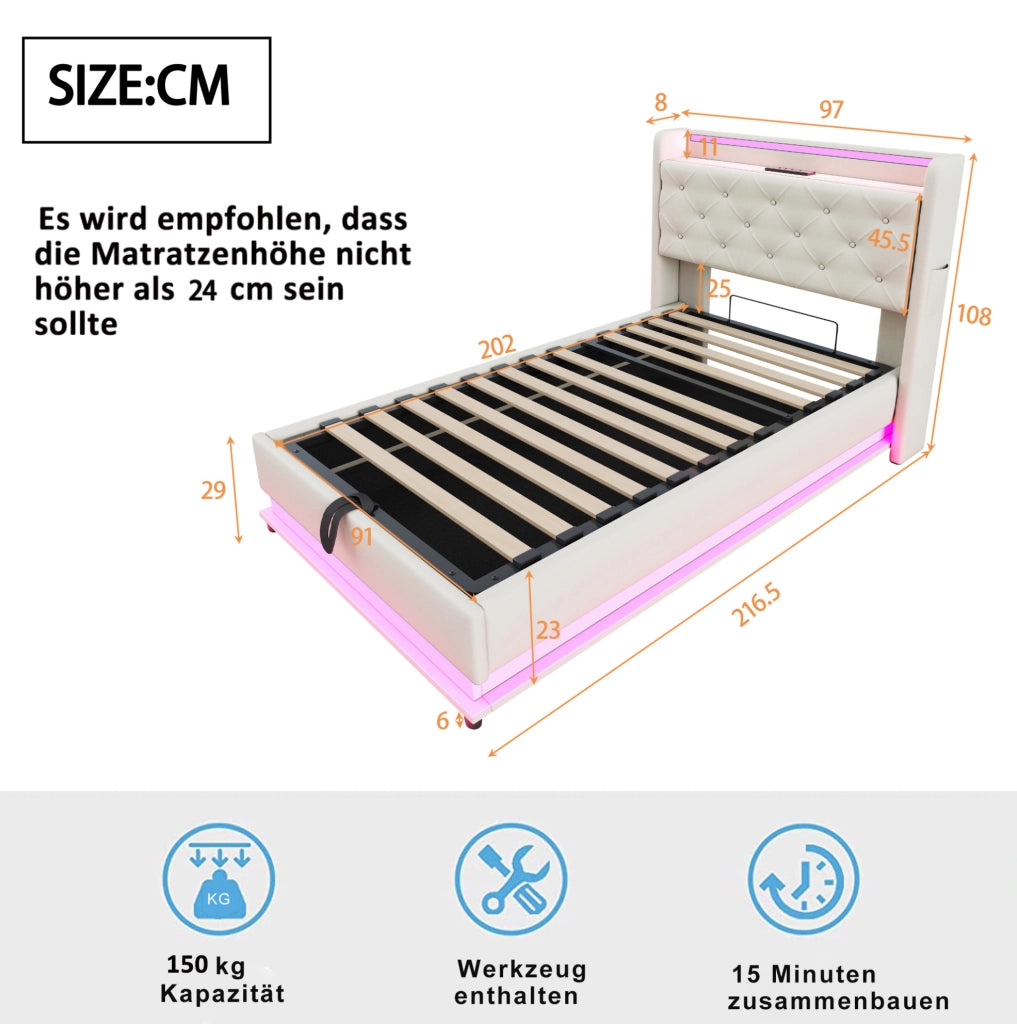 Letto imbottito 90x200 beige con LED, USB, vano contenitore e materasso
