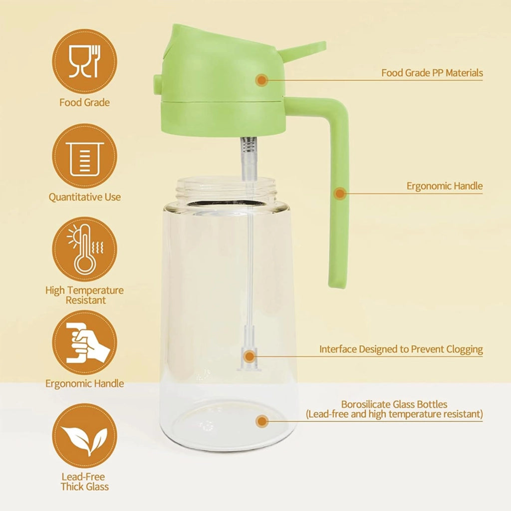 Spruzzatore per olio 2-in-1, flacone in vetro da 450 ml, adatto per alimenti, colore verde
