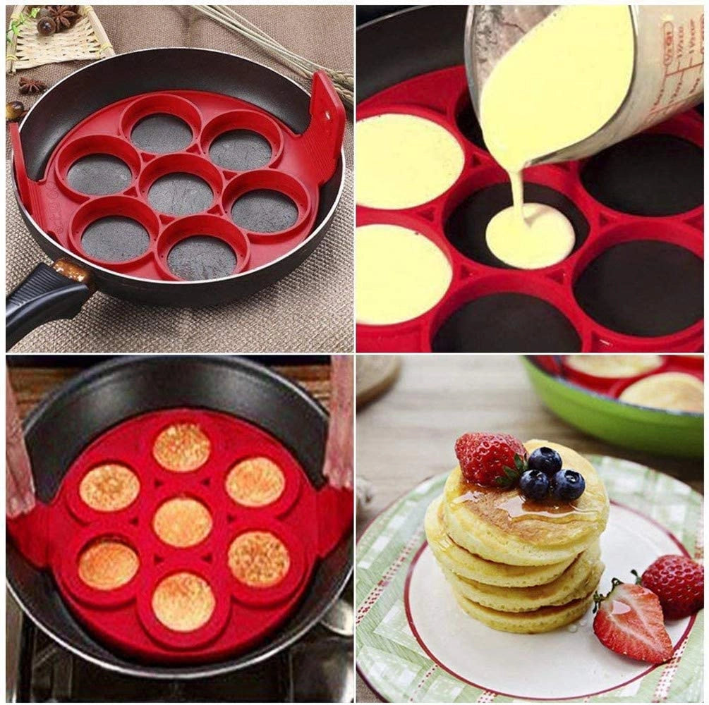 Stampo in silicone per pancake, 7 cavità, rotondo, rosso, antiaderente