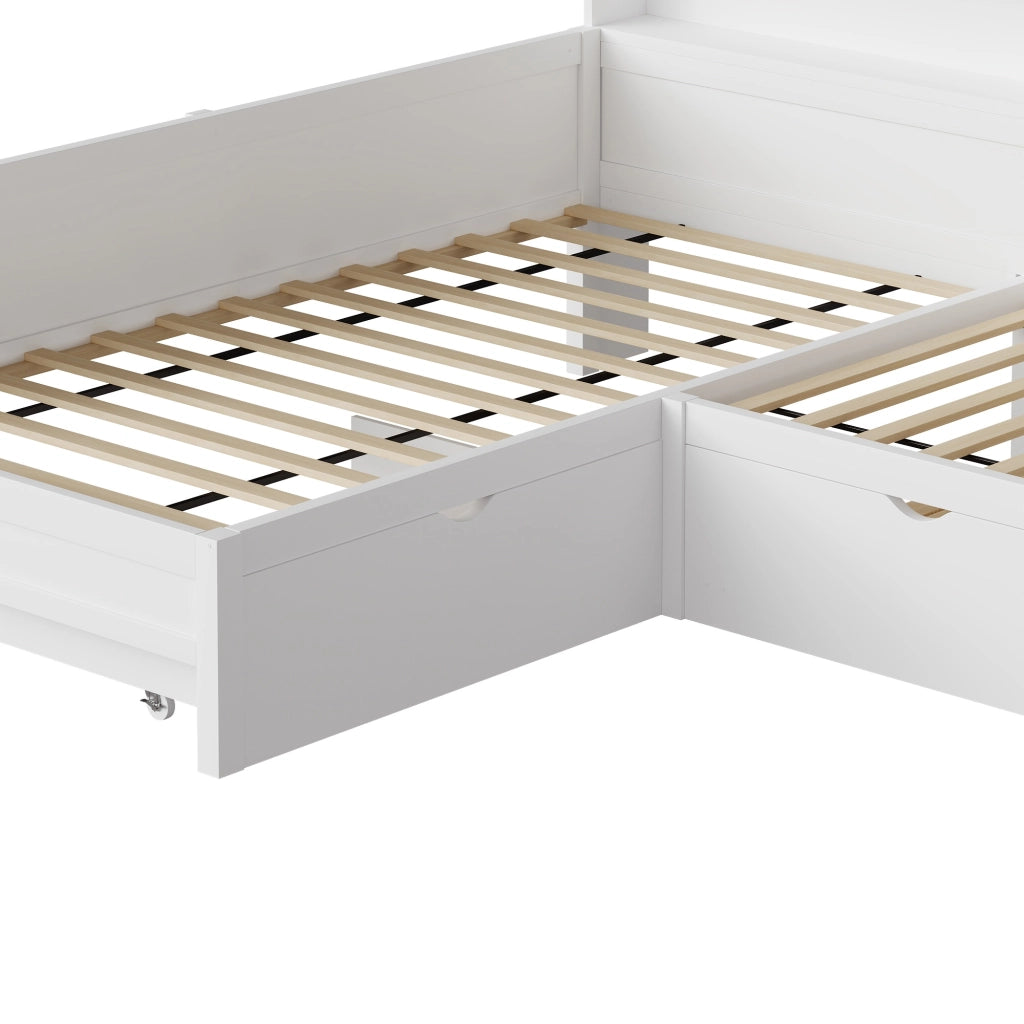 Letto singolo a piattaforma 90 × 200 cm a L con letto estraibile in MDF e compensato bianco con cassetto LED e ricarica