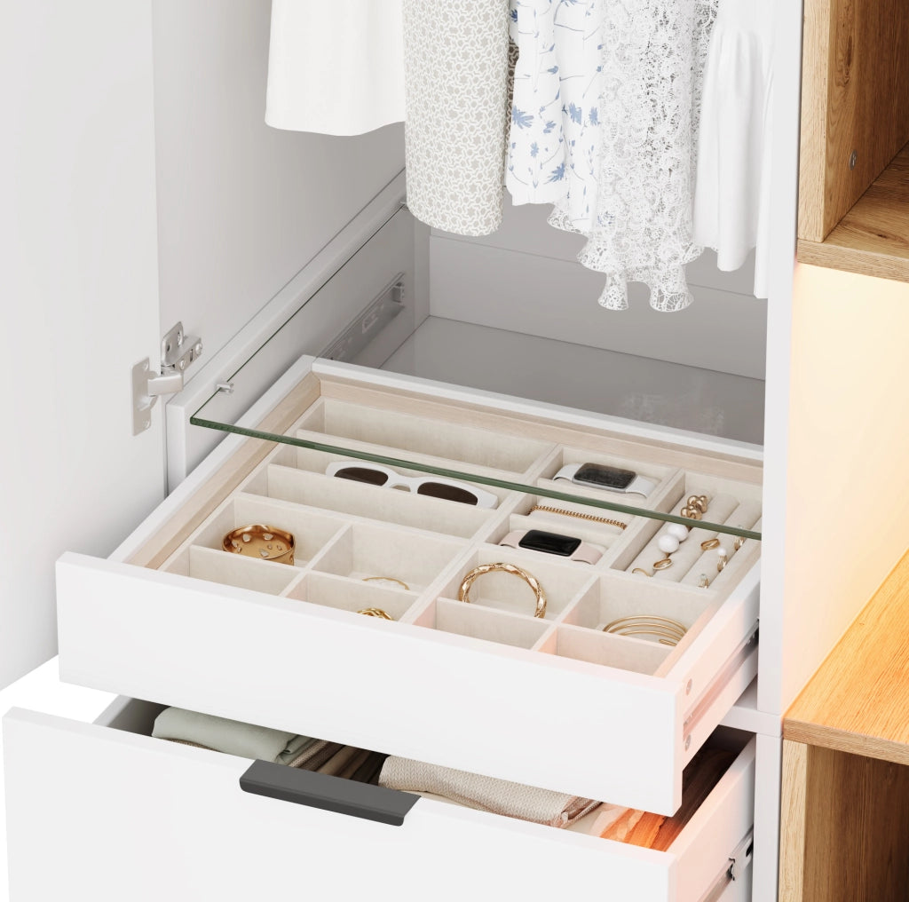 Armadio 90x49x200 cm bianco e rovere in MDF; 4 cassetti e luce LED