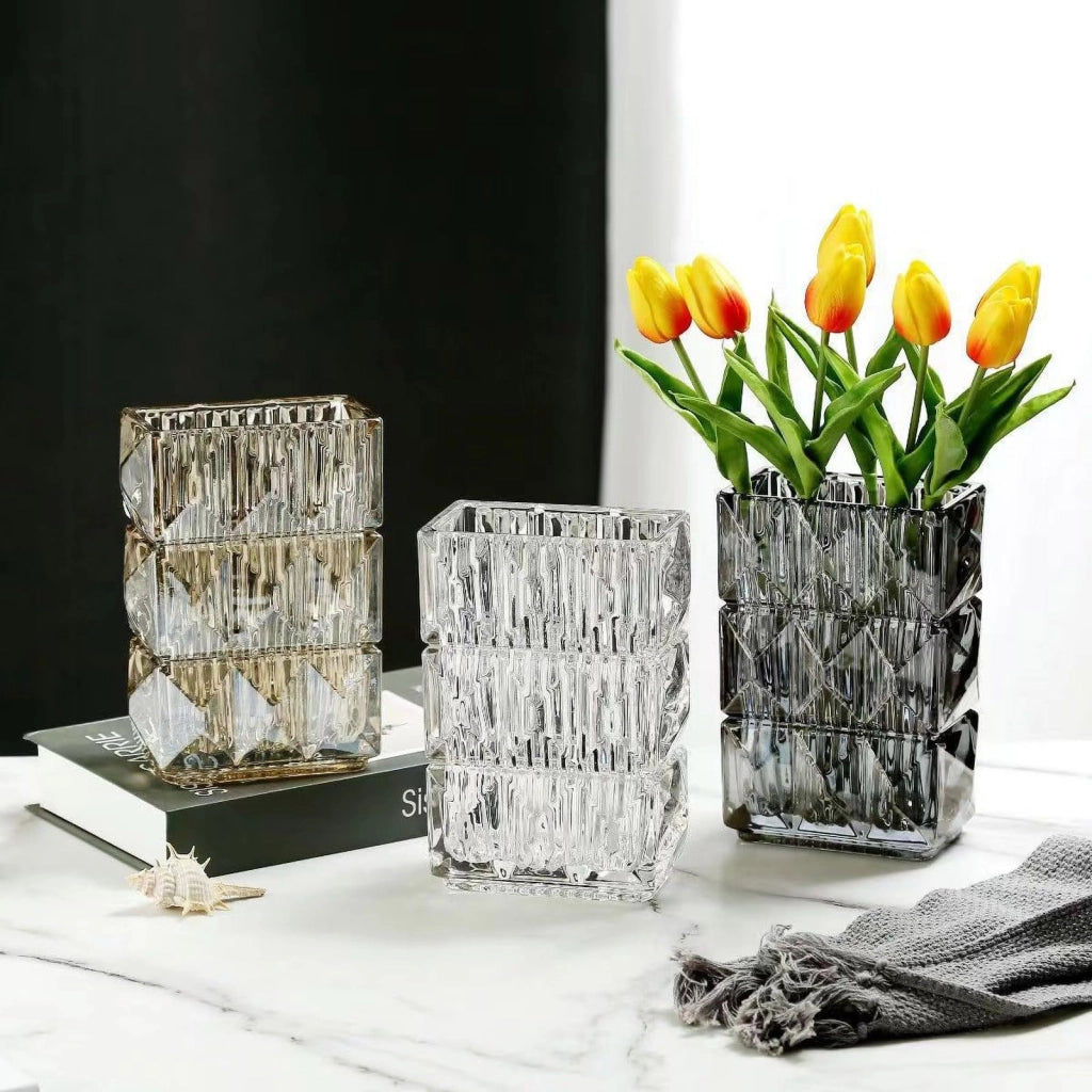 Vaso in vetro cristallo, 20 cm, quadrato, grigio, design moderno