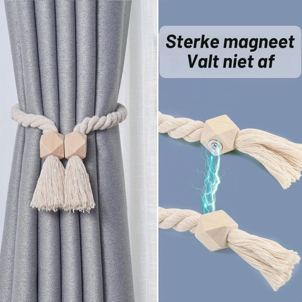 4 supporti per tende magnetici, realizzati in cotone e legno, color beige