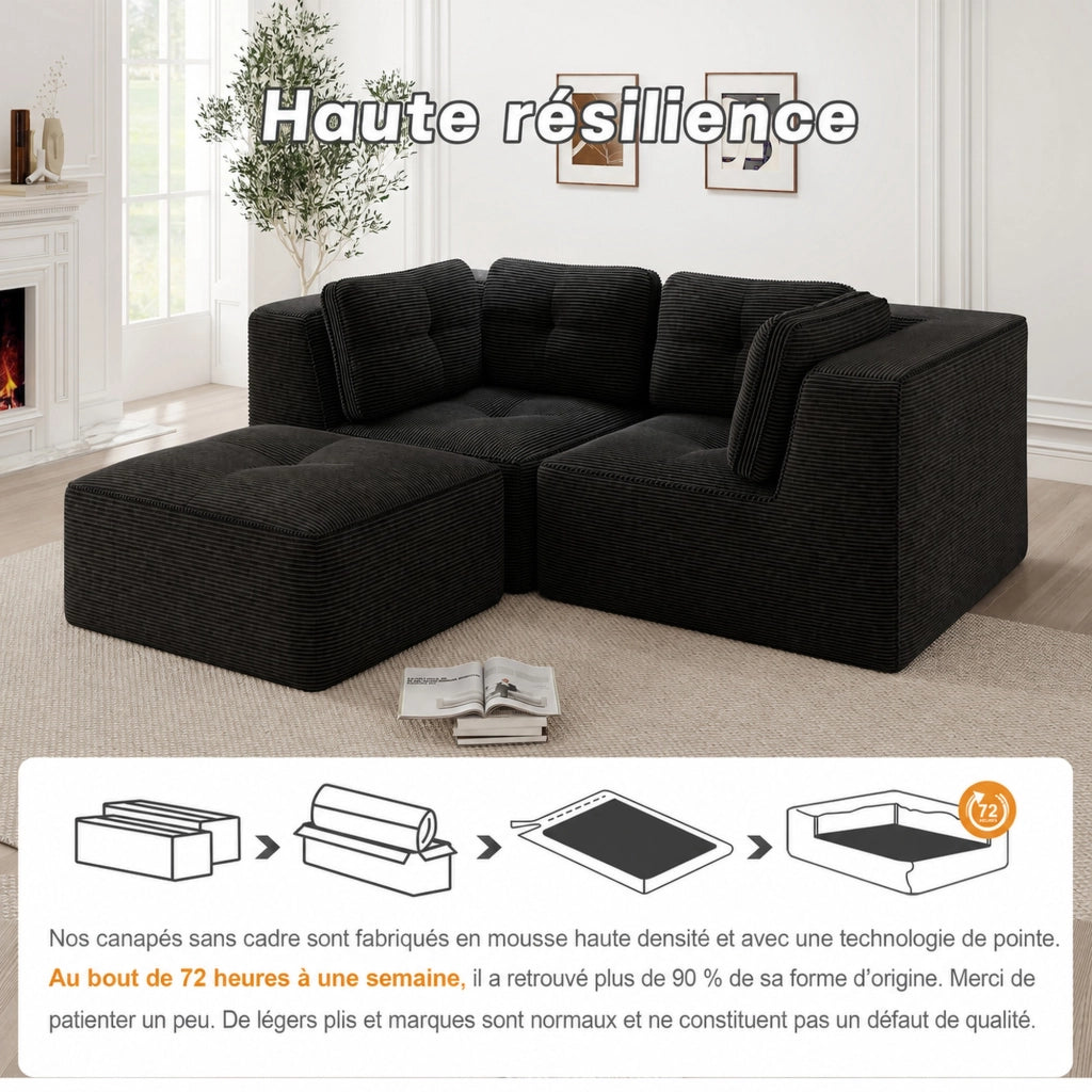 Divano angolare modulare ULEVR 2 posti con poggiapiedi mobile, rivestimento in velluto a coste nero