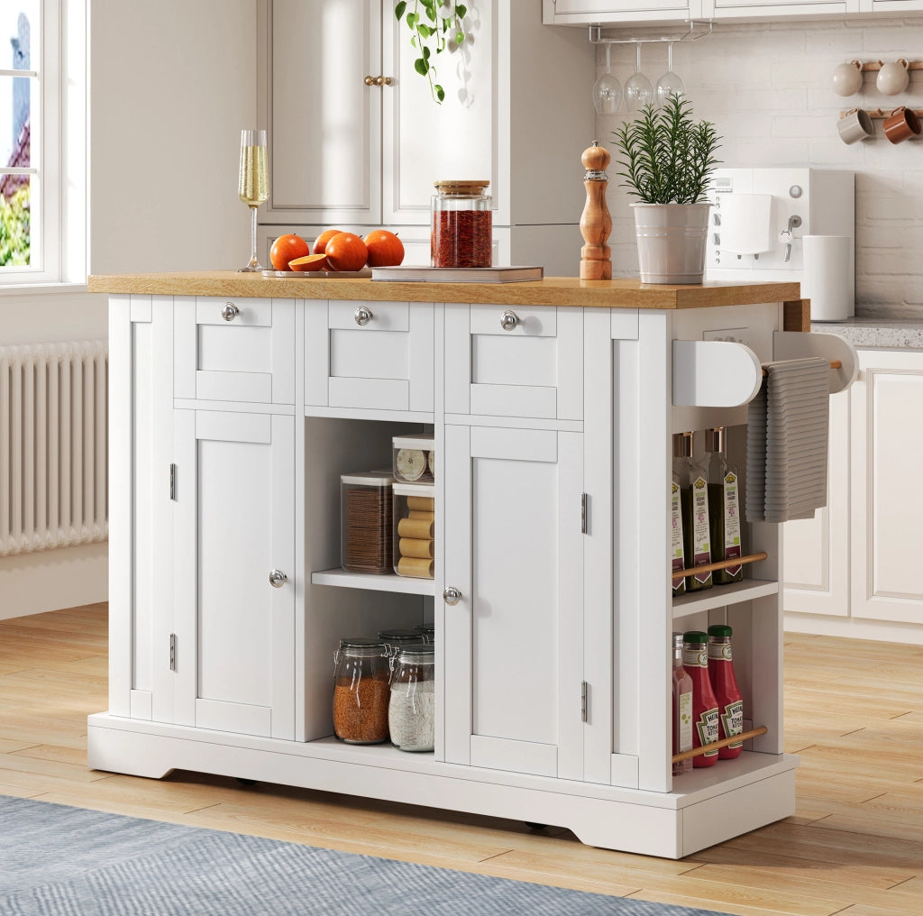 Isola da Cucina Mobile 132 cm con Piano Estensibile, Armadietto Multifunzionale, Cassetto, Porta Spezie e Portasciugamano con Ruote e Presa Elettrica Integrata