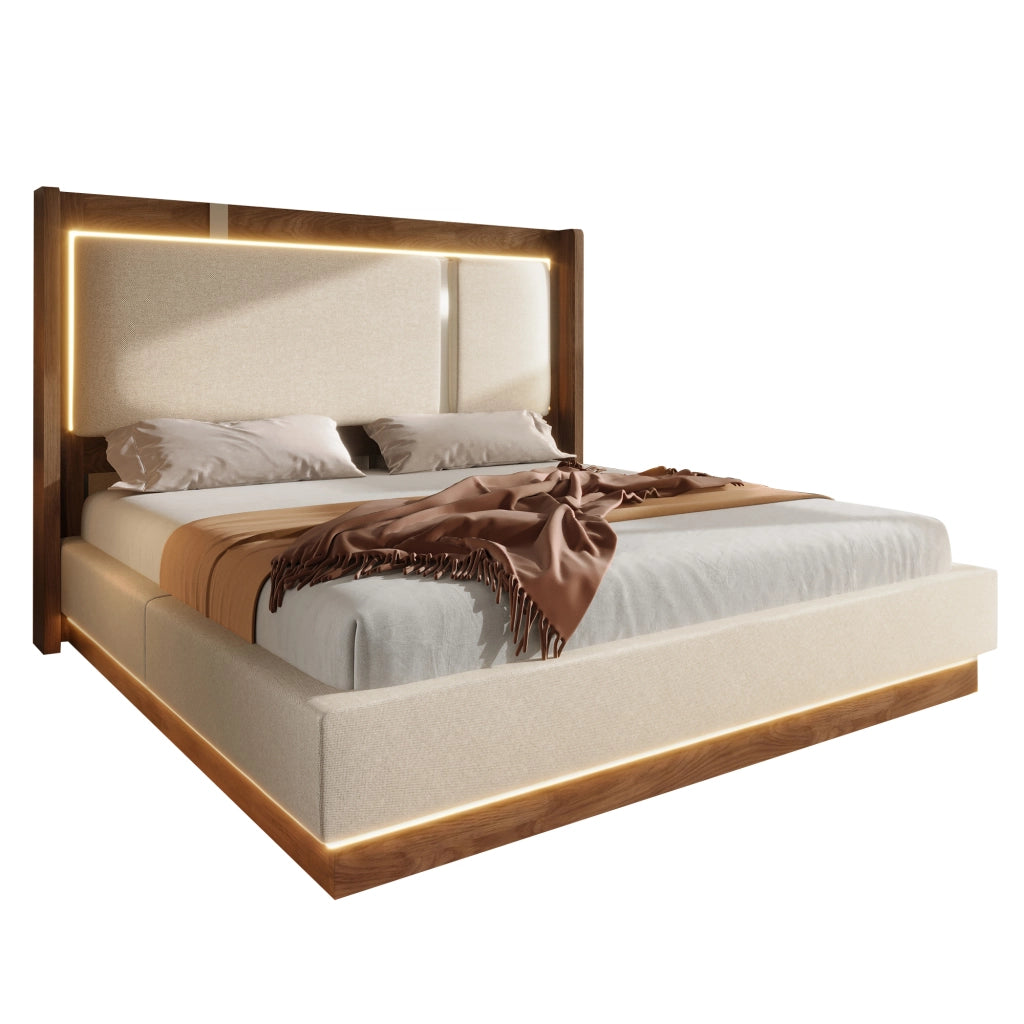 Letto matrimoniale imbottito 140x200 cm beige con contenitore
