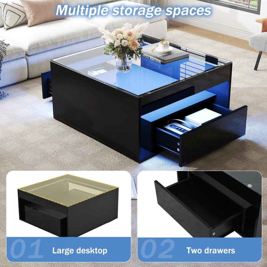 Tavolino da salotto 70 × 70 × 35 cm con 2 cassetti LED controllabile via app piano in vetro temperato MDF nero