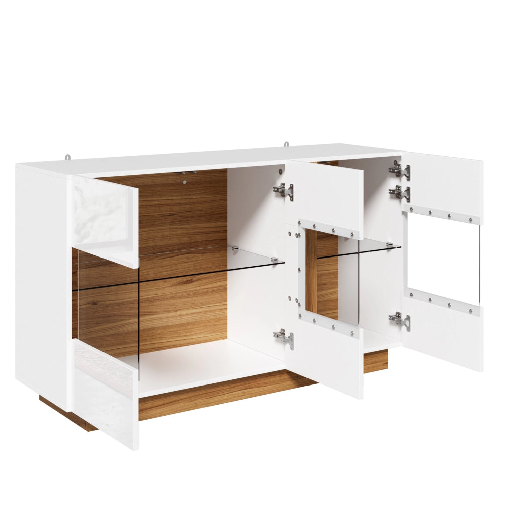 Madia bianca e naturale 140 cm con 3 ante in acrilico e LED