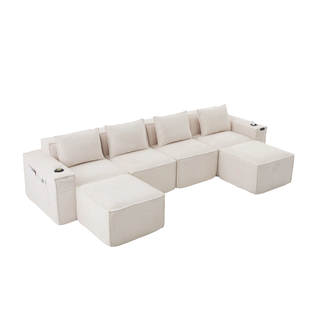 Divano modulare 4 posti 330x162x75 cm con 2 pouf, portabicchieri, tasche laterali e cuscini inclusi in velluto a coste beige