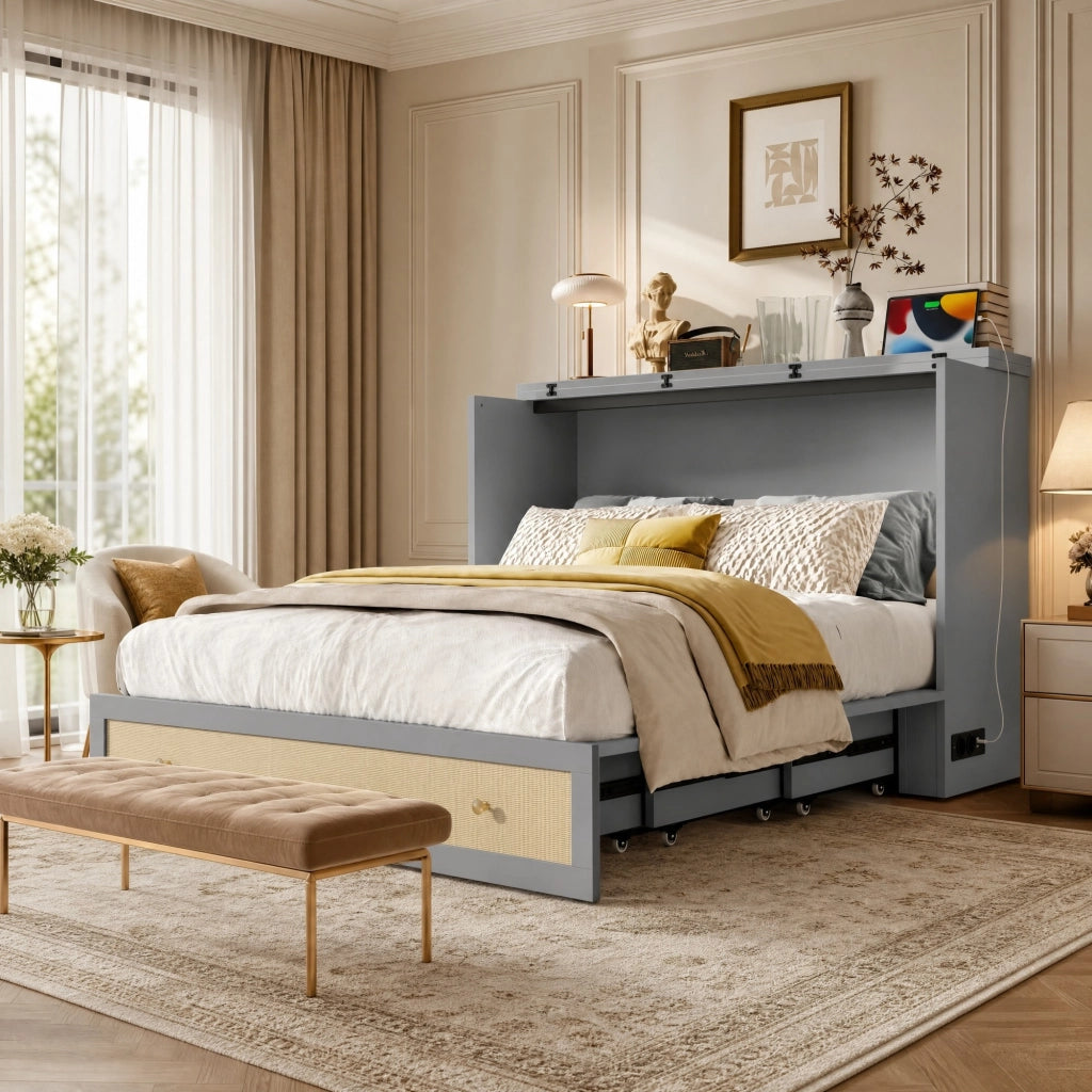 Letto a scomparsa 140 × 200 cm trasformabile in armadio con cassetto; ripiano; USB e presa in MDF grigio