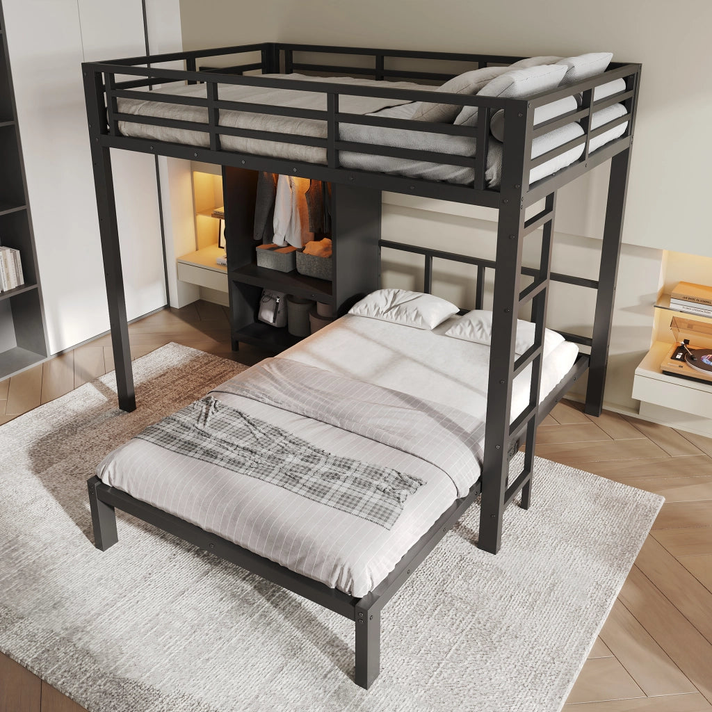Letto a castello in metallo nero 120 x 200 cm con armadio integrato e luce LED per cameretta