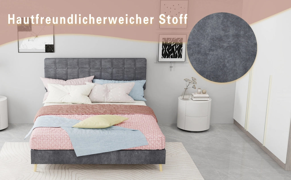 Letto matrimoniale grigio scuro in tessuto con testiera imbottita a quadri, 140x200 cm, materasso incluso