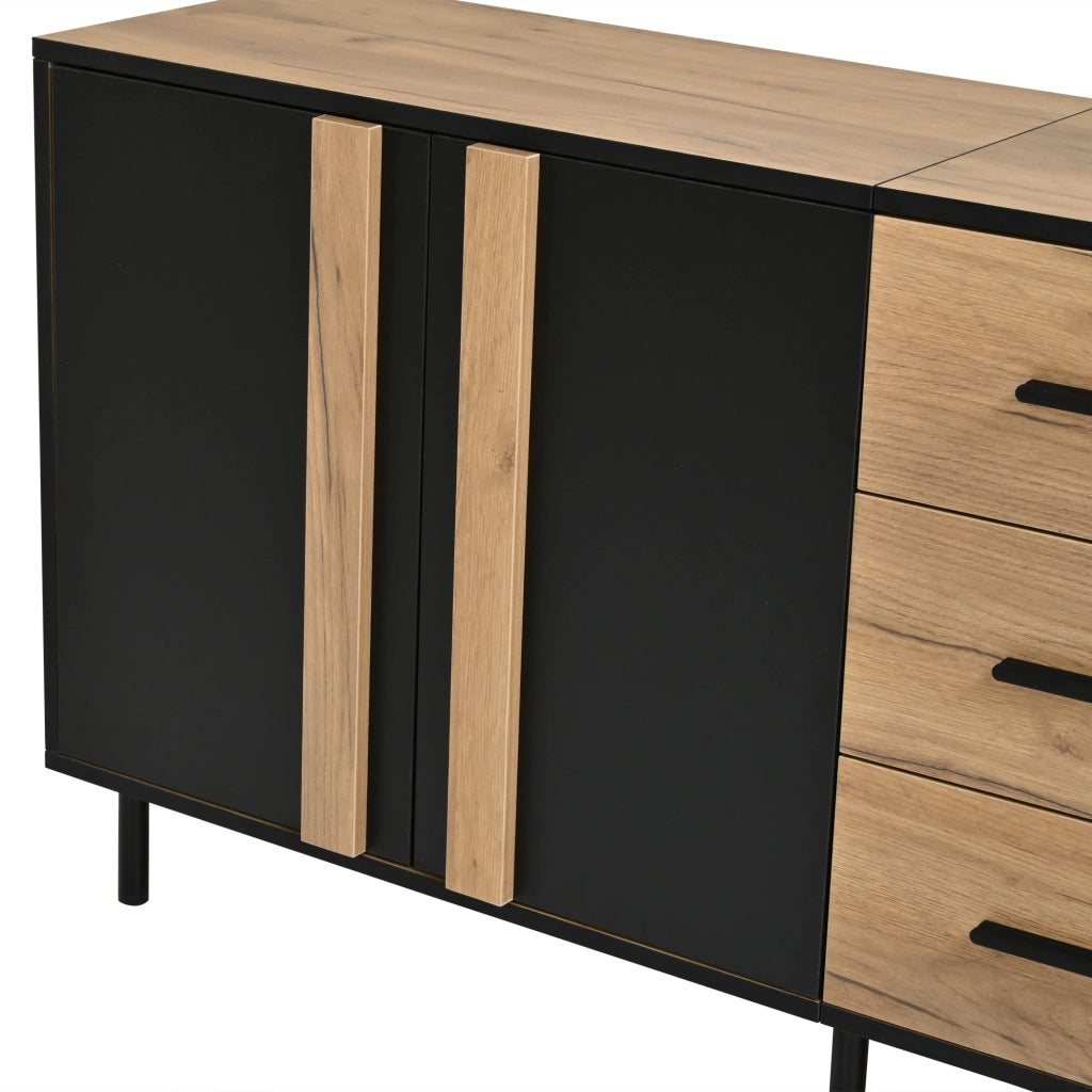 Credenza 140 × 35 × 70 cm con 3 ante e 3 cassetti in MDF nero e effetto legno con 6 gambe in metallo moderne