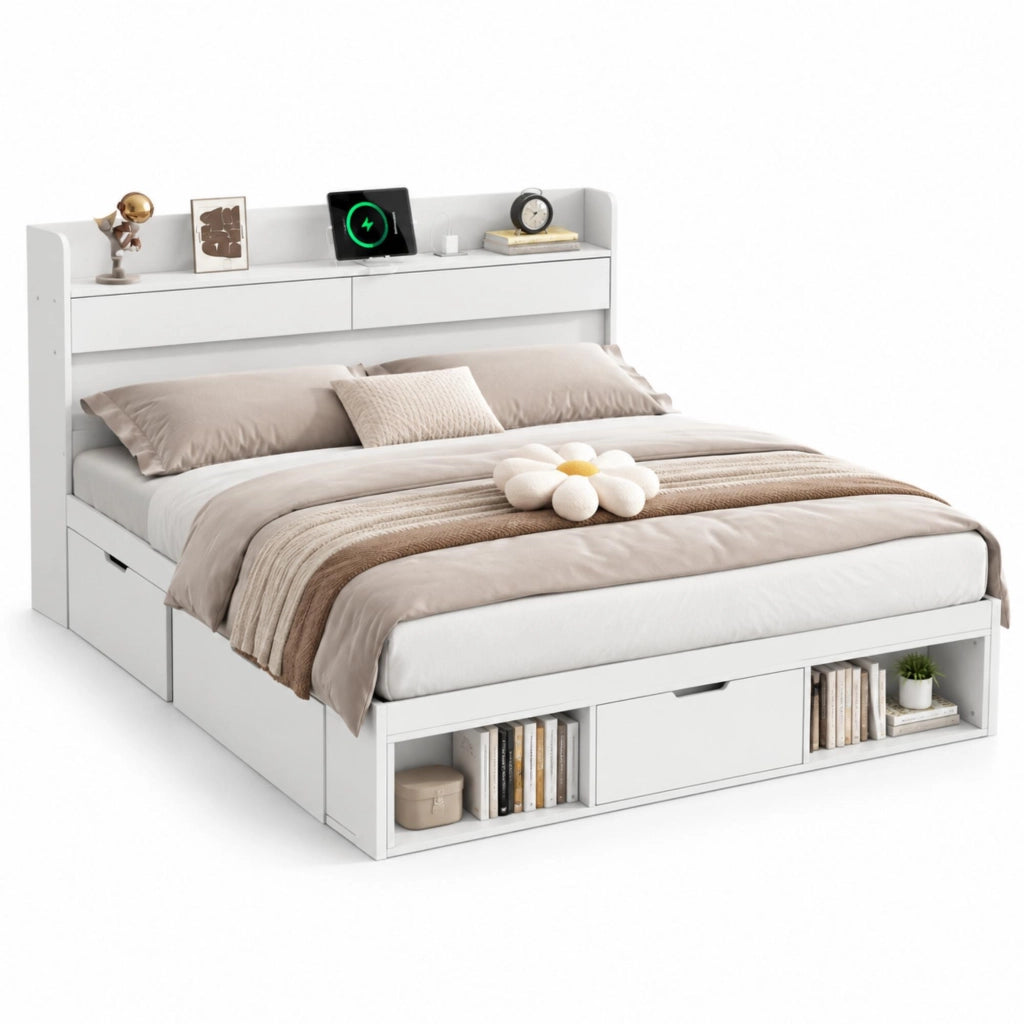 Letto 140x200 cm per materasso con cassetti contenitore; USB e ripiani; bianco