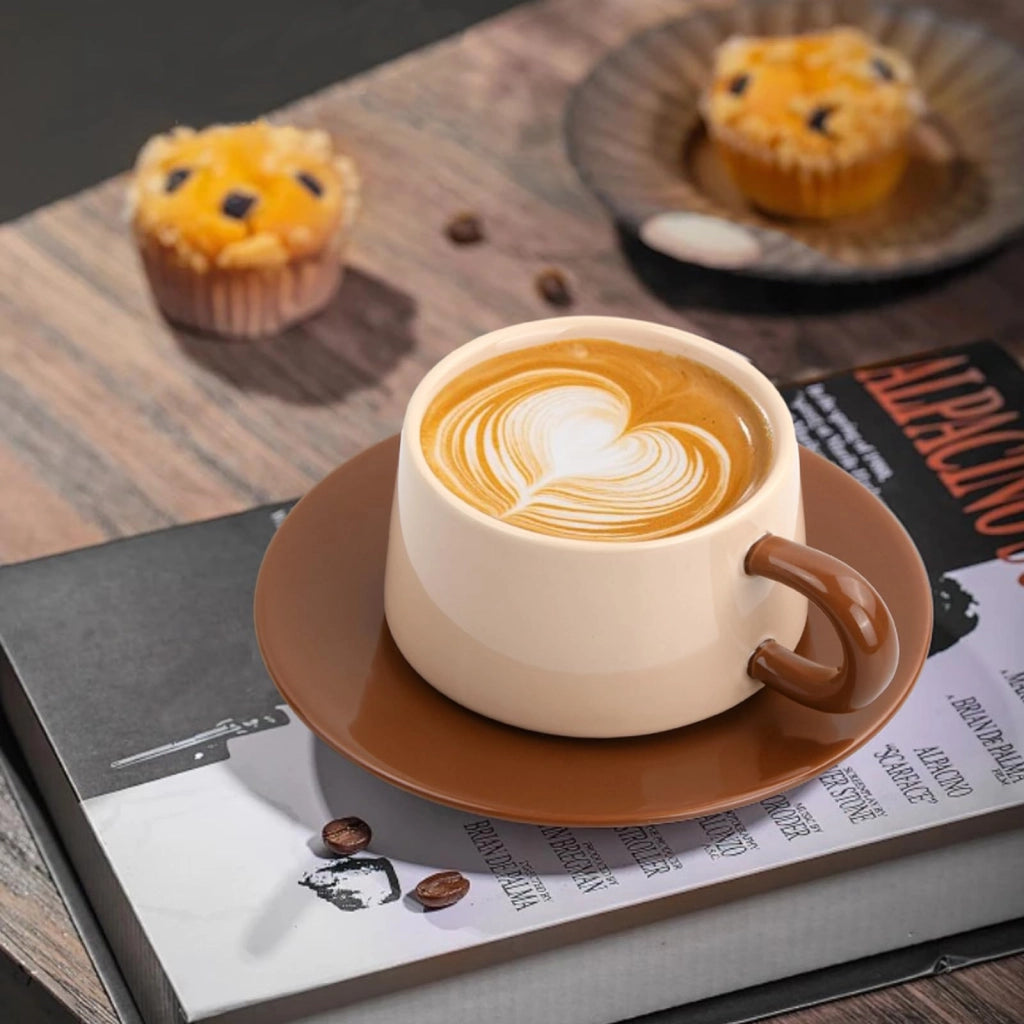 Set di tazze da caffè con piattini, capacità 220 ml, in Vetroceramica, color marrone scuro
