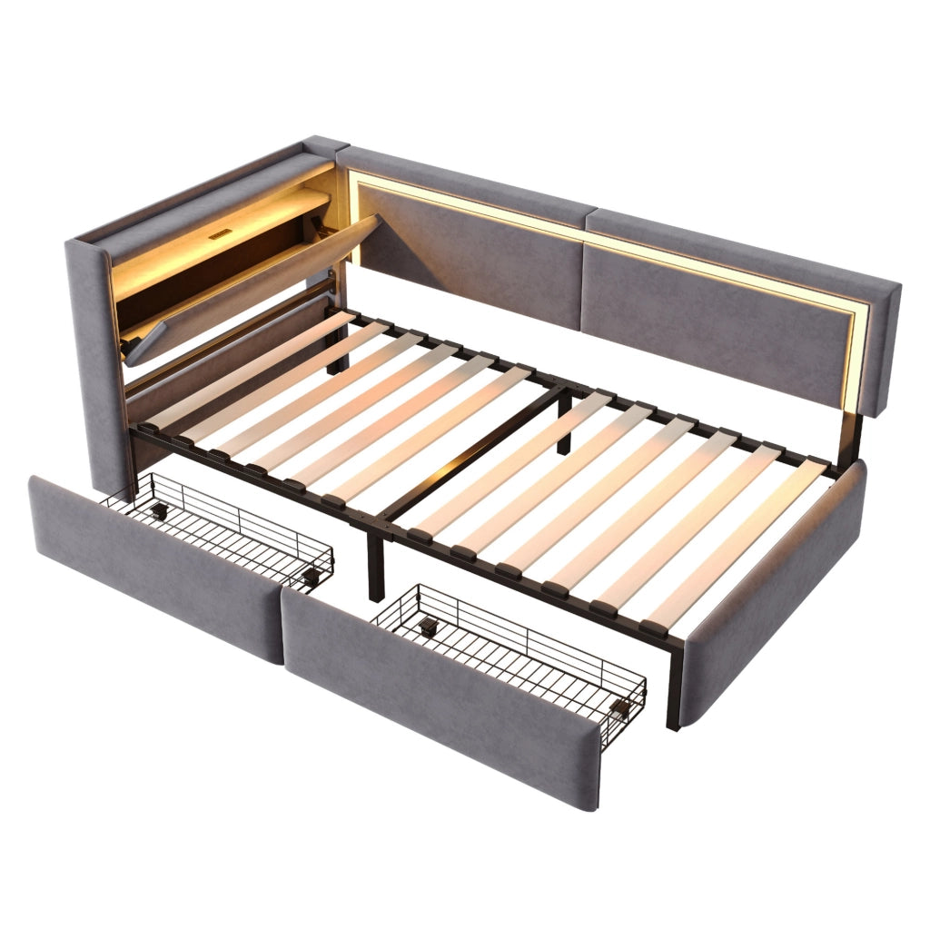 Divano letto singolo 90x200 cm con LED; USB; contenitore e cassetti in velluto grigio scuro