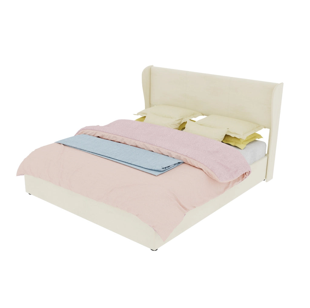 Letto Imbottito Moderno 160x200 cm Beige con Contenitore e Meccanismo a Gas, Testata Morbida e Design Minimalista
