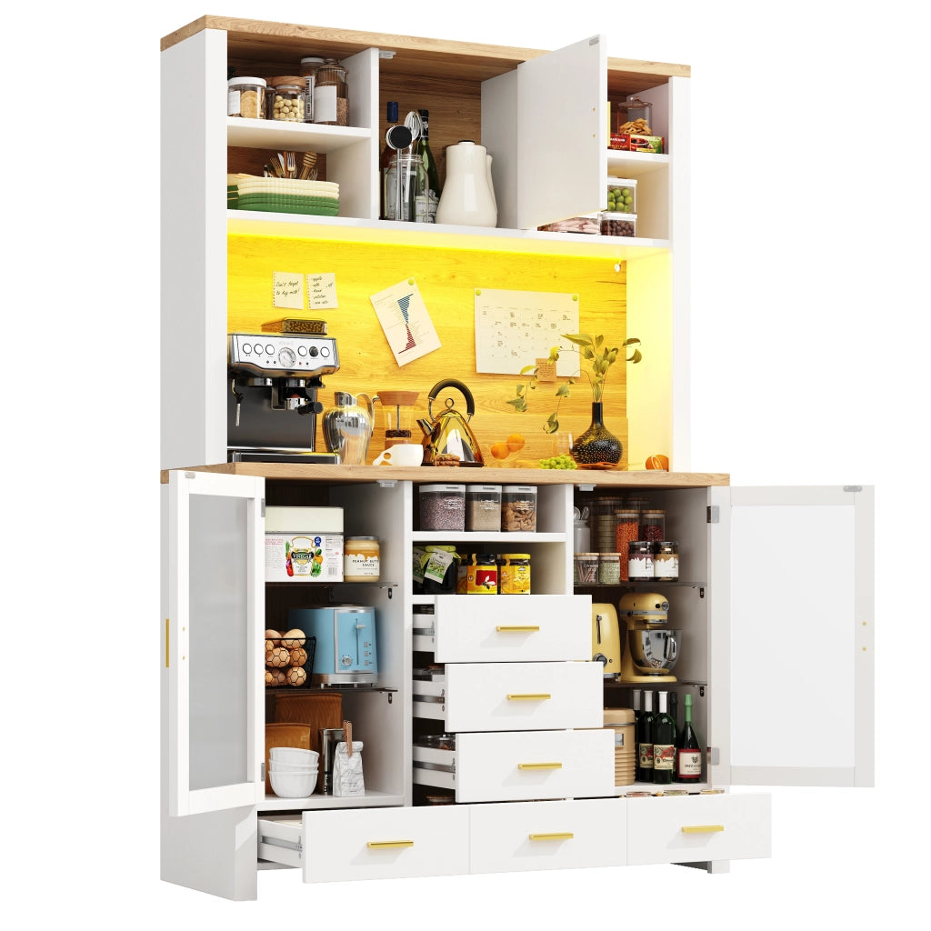 Credenza con illuminazione LED controllabile tramite app in MDF e vetro bianca effetto legno con sistema antiribaltamento