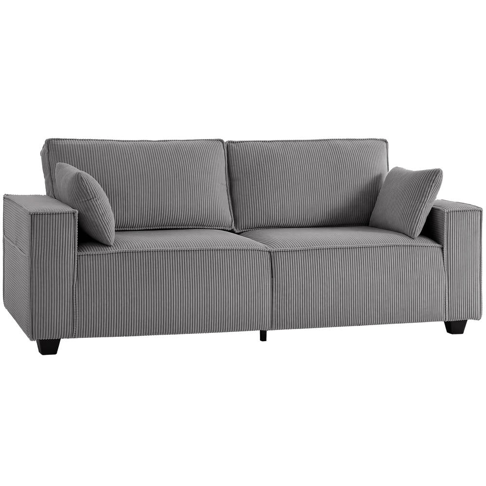 Divano 3 Posti 218 cm Moderno in Velluto a Coste con Molle Insacchettate e 2 Cuscini Grigio Chiaro per Soggiorno