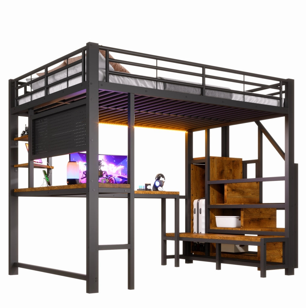 Letto a soppalco 140x200 cm con scrivania, illuminazione LED, USB e USB-C, struttura in metallo nera