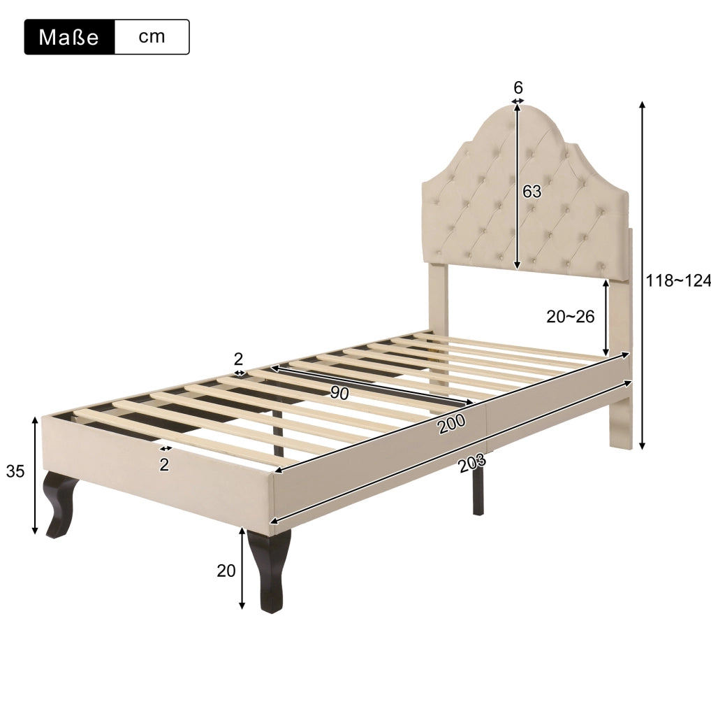 Letto singolo imbottito 90x200 cm con testata regolabile in altezza, rete a doghe in legno, velluto beige