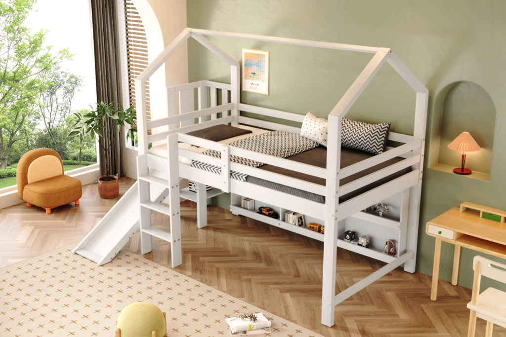 Letto singolo per bambini 90 × 200 cm con rete a doghe scivolo scale contenitori e ripiani in legno bianco