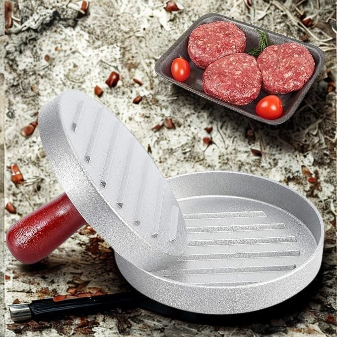 Pressa per hamburger, in alluminio, diametro 12 cm, con manico in legno