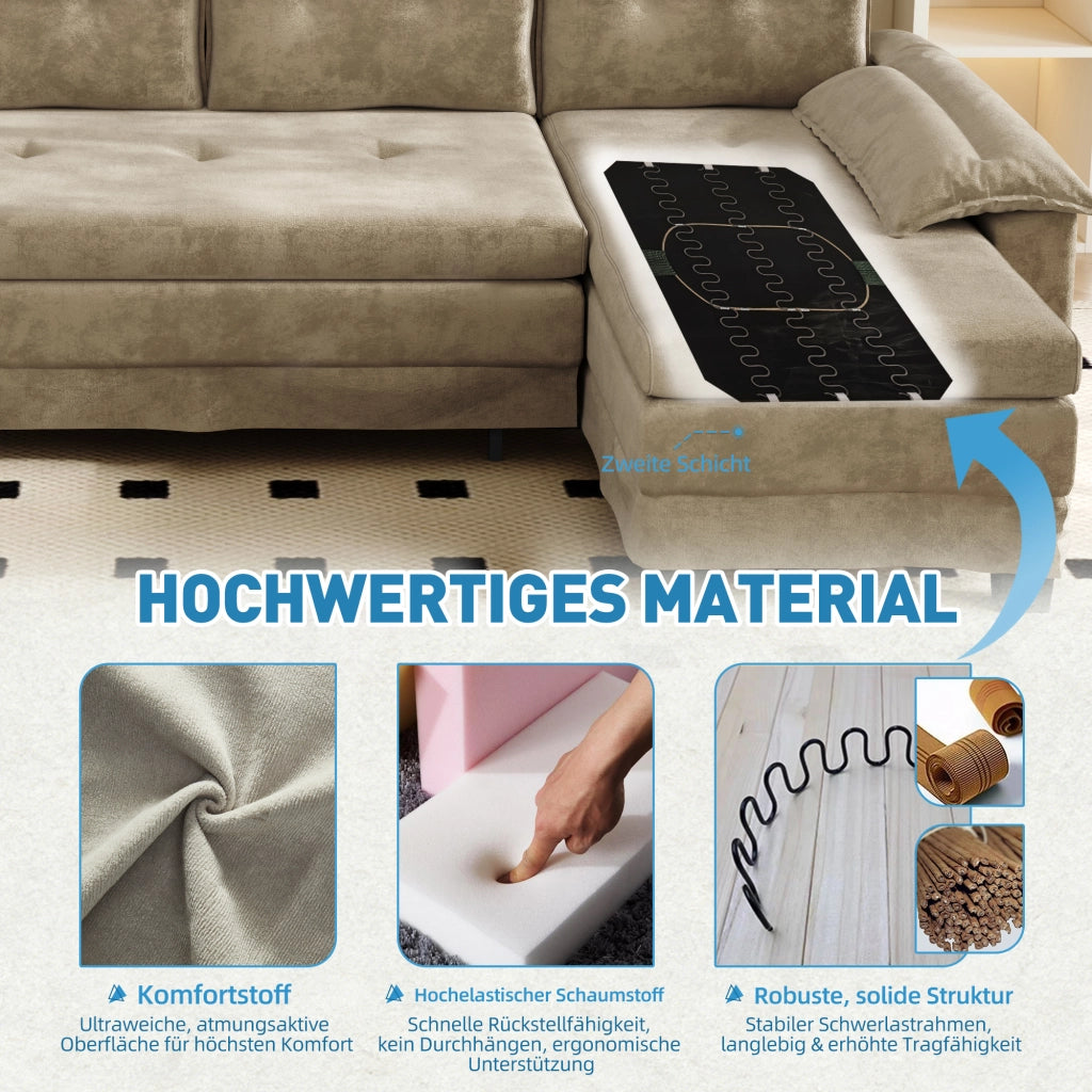 Divano letto panoramico a U modulare in chenille color cammello con letto estraibile; USB e 4 cuscini schienale