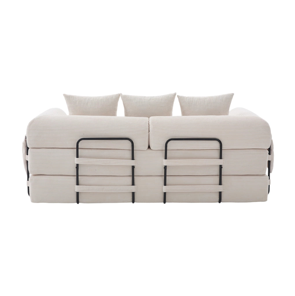 Divano modulare beige in velluto a coste con struttura in metallo e 3 cuscini