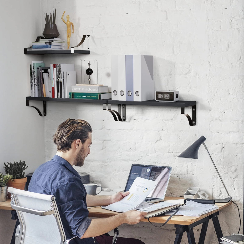 Mensole sospese, set di 3, legno rustico, colore nero, da montare a parete