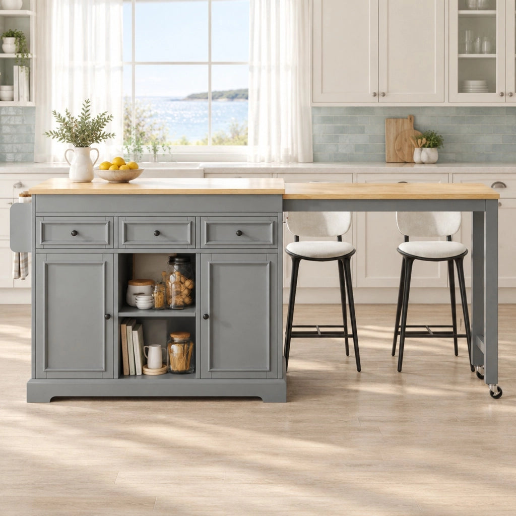 Isola cucina mobile grigia con piano estraibile e cassetti