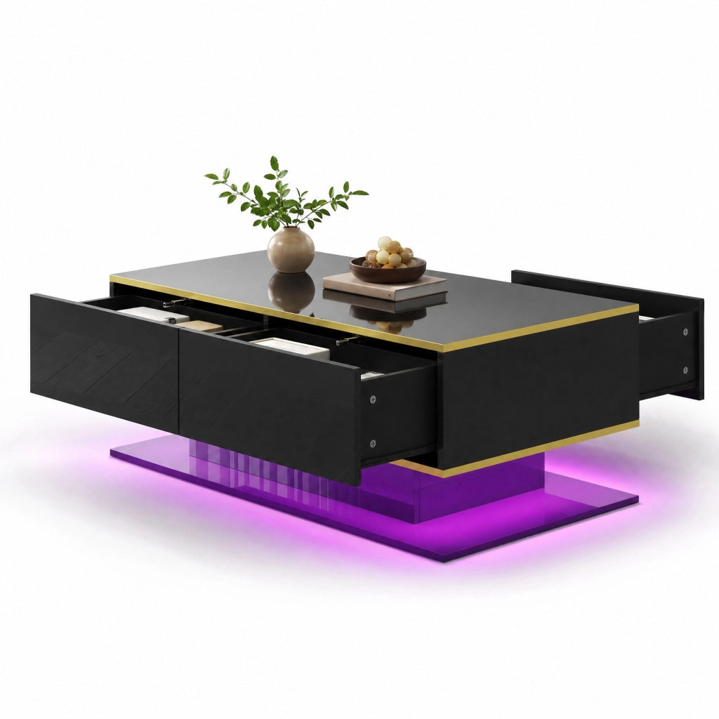 Tavolino da caffè LED 100x50x40 cm nero e oro con 3 cassetti