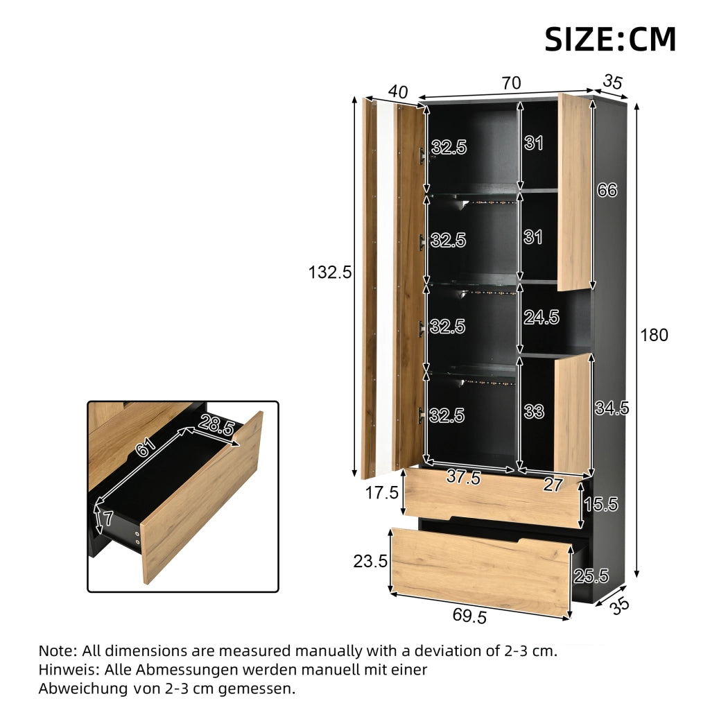 Vetrina 70 × 35 × 180 cm con 3 ante 2 cassetti LED controllata tramite app in MDF naturale e nero con vetro temprato