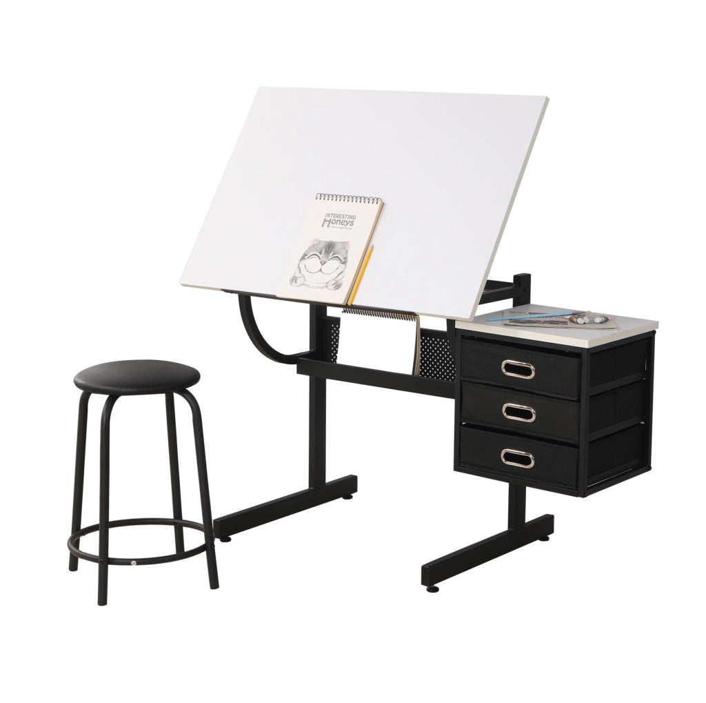 Tavolo da disegno bianco regolabile con sgabello e 3 cassetti