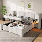Letto imbottito beige 180 x 200 cm con contenitore idraulico e comodini LED